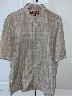 Simms Fishing fly Products Gingham Tan check plaid SS pocket fish logo shirt L